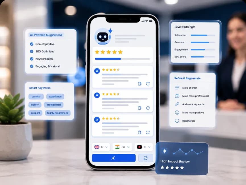 AI Review Suggestions on a phone with keyword-rich review options