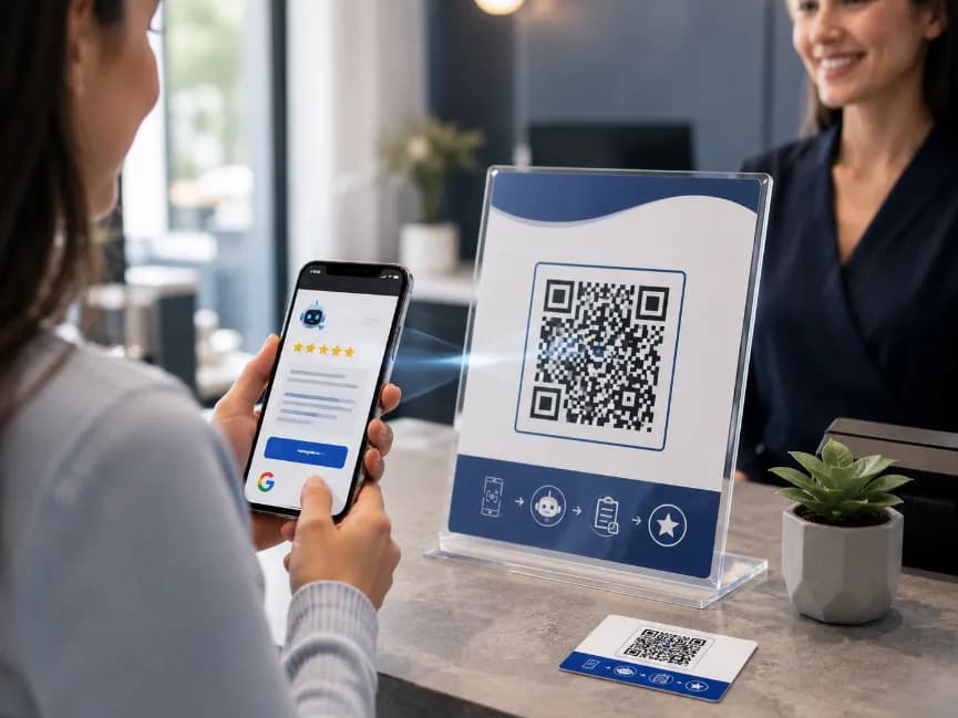 Review Ninja QR System — branded standee and scan-to-review flow